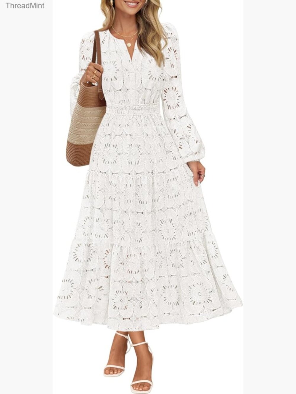 Long Sleeve Floral Maxi Dress with Pockets, Lace Eyelet Hollow Out Tiered Boho